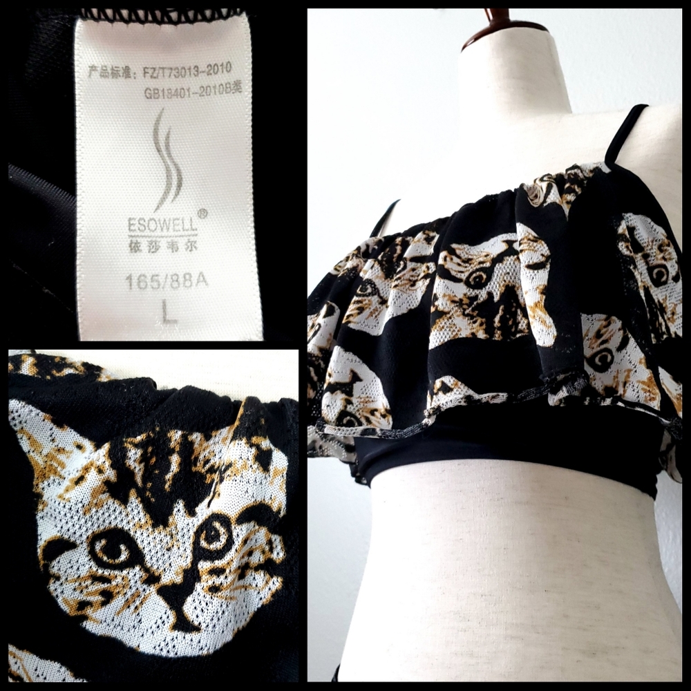 Esowell Cat Print Swim Top, Black & Brown, Size Medium - Picture 9 of 16